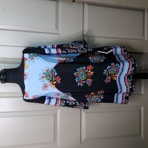 NWT Nicole Miller black blue red boho floral print off shoulder dress size 6